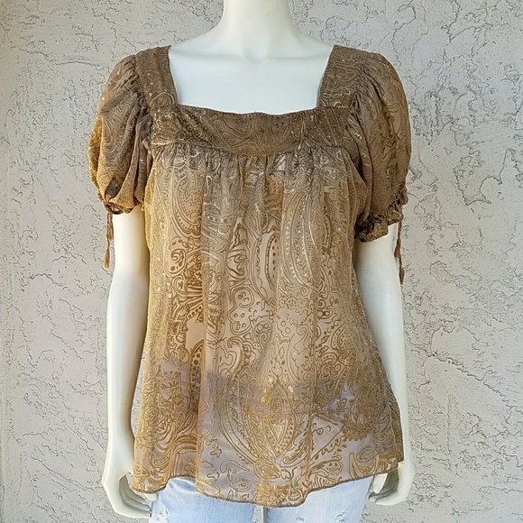 Nicole by Nicole Miller Tops - Nicole Miller Sheer Gold Burnout Peasant Blouse